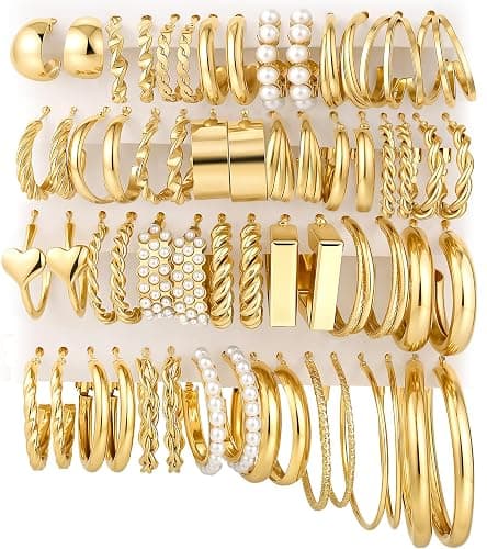 30 Pairs Gold Hoop Earrings Set for Women, Hypoallergenic Pearl Twisted Statement Hoops Multipack, Small to Chunky Hoop Earrings for Women Trendy Jewelry Gifts - Image 1