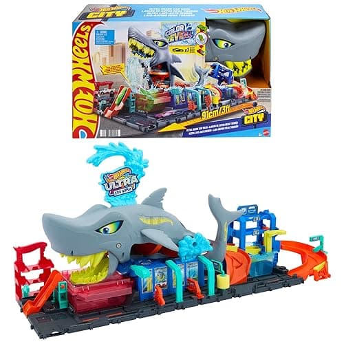 Hot Wheels City Track Set, Ultra Shark Car Wash with 1:64 Scale Color Reveal Toy Vehicle, Repeat Color-Change Feature, Storage - Image 1