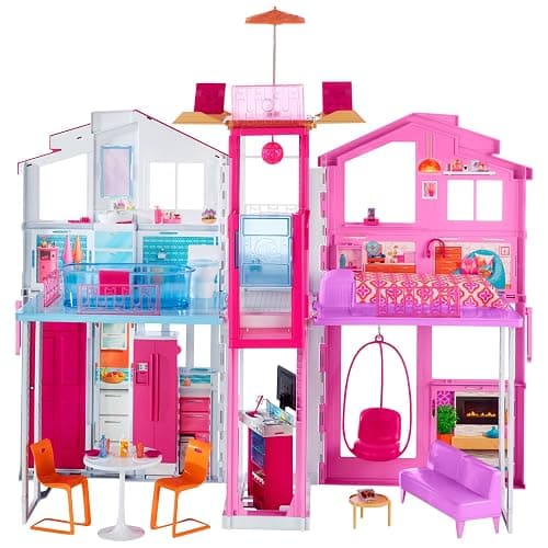 Barbie Doll House Playset, 3-Story Townhouse with 4 Rooms & Rooftop Lounge, Furniture & Accessories Including Swinging Chair (Amazon Exclusive) - Image 1