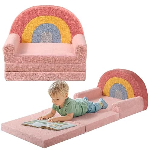 little dove Extra Wide Soft Toddler Couch Fold Out, 2-in-1 Kids Couch, Convertible Kids Sofa to Lounger, Comfy Toddler Chair, Kid Furniture for Playroom, Ideal Gifts for Boys & Girls, Pink - Image 1