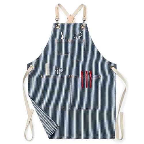 Jeanerlor - Womens Work Barber Shop Cooking Apron for Kitchen Hairstylist with 4 Pockets for Women Cross Straps & Adjustable S to M (Blue Striped) - Image 1