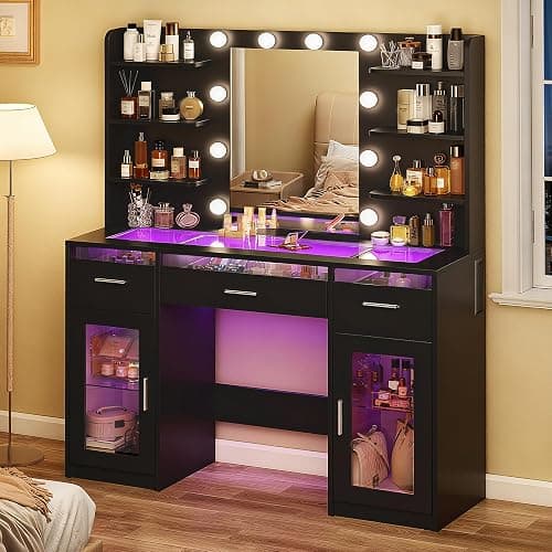 HUAHUU Vanity Desk, Makeup Vanity Desk with Mirror and Lights 3 Colors, Transparent Top with 3 RGB Drawers, 6 Shelves, 2 Large Tempered Cabinets, Power Outlet, for Bedroom, Black - Image 1