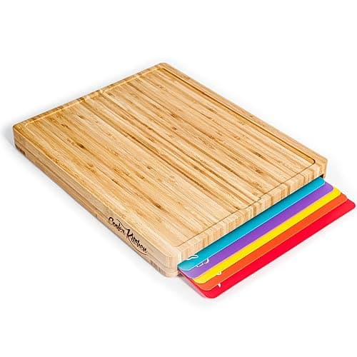 Cutting Boards for Kitchen – Bamboo Cutting Board Set with 6 Color-Coded Flexible Chopping Mats, Easy Clean Wood and Dishwasher-Safe Plastic, Large 17×12, Knife-Friendly by Cooler Kitchen - Natural - Image 1