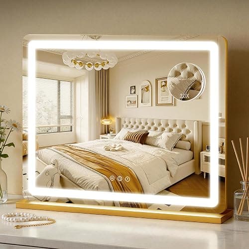 ROLOVE 23"x18" Gold Vanity Mirror with Lights, Large Lighted Makeup Mirror with 10X Magnifier, 3 Color Lighting & Stepless Dimming, Wall Mounted or Tabletop Desk Mirror for Bedroom - Image 1