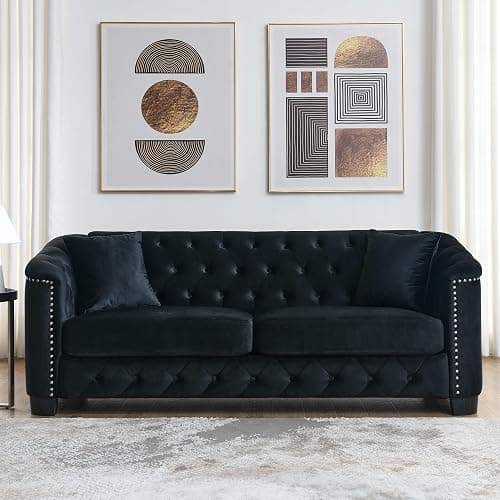mikibama Modern Chesterfield Velvet Sofa, 77 Inch Sectional Sofa, Luxury 3 Seater Upholstered Tufted Couch with Nailhead Arms and 2 Pillows for Living Room, Bedroom, Apartment(Black) - 3-Seater - Black - Image 1