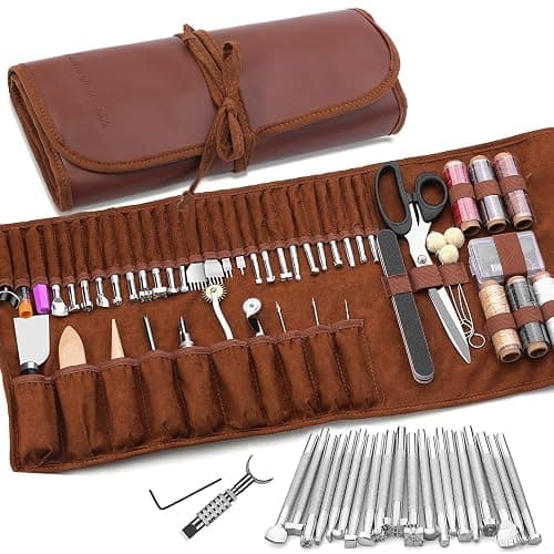 TLKKUE Leather Working Tools Leather Craft Tools for Carving Stamping Sewing Punching Cutting with Custom Storage Bag Professional Tooling Kit for Crafting, Repair & DIY Projects - Image 1