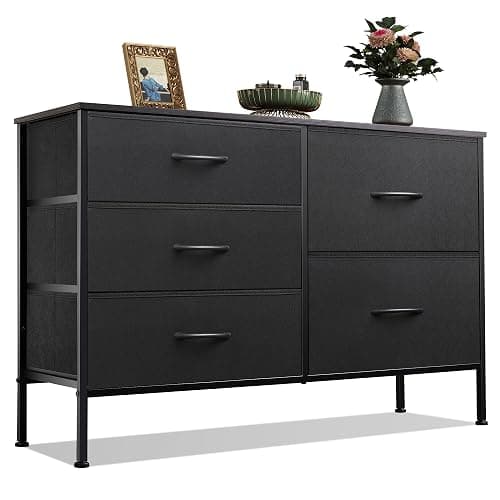 WLIVE 5 Drawer Black Fabric Dresser for Bedroom, Wide Storage Chest | Black 5-drawer wide fabric dresser with steel frame, modern storage for bedroom living room home closet - Image 1