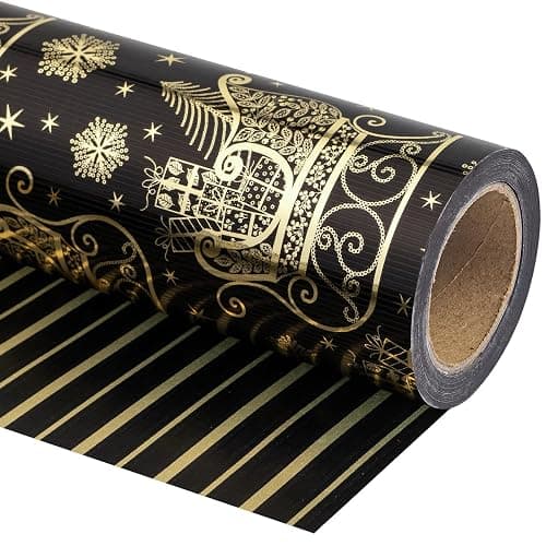 WRAPAHOLIC Reversible Black and Gold Christmas Wrapping Paper - Mini Roll - 17 Inch x 33 Feet - Black Gold Sleigh and Stripe Wrapping Paper with Metallic Foil Shine for Christmas, Holiday, Party - Image 1