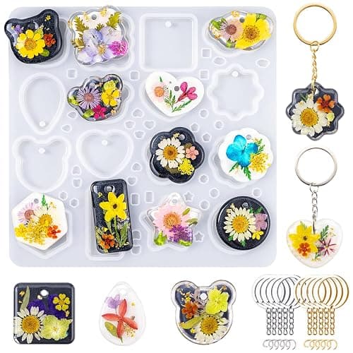 LET'S RESIN Keychain Resin Molds Silicone with Hole, 16 Cavities UV Resin Jewelry Pendant Mold for Beginner, Epoxy Resin Molds for Keychain Pendant Jewelry Making - Image 1