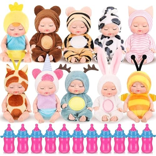Retrowavy 10 Pcs 4 Inch Mini Baby Dolls Realistic Tiny Baby Doll Animal Clothes Cute Infant Figurine Gifts Set with 10 Pcs Nursing Bottles for Boys Girls Toddlers Kids 3+ Birthday Gift Big Fillers - Image 1