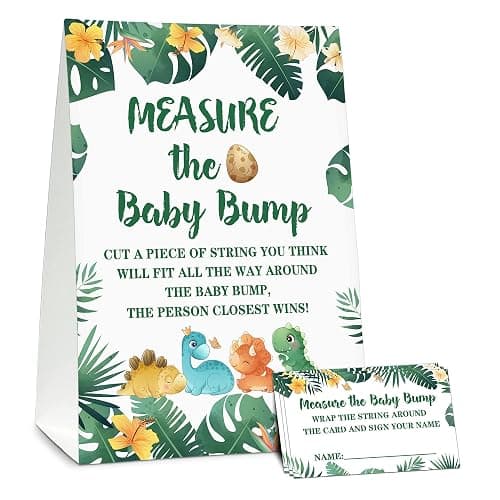 Dinosaur Baby Shower Party Game Cards - 5" x 7" Self-Standing Measure The Baby Bump Sign With 50 Fill-In Guessing Cards (2.1" x 3.5") - a02 - Dinosaur Measure The Baby Bump - Image 1