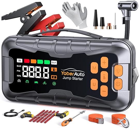 YaberAuto 16-in-1 Jump Starter with Air Compressor 8000A 150PSI Car Battery Jump Starter (All Gas/14L Diesel) 12V Jump Box Car Battery Jumper Starter Portable Jumper Cables, Emergency Tool Kit, Gloves - Image 1