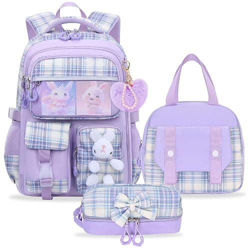 PIKBEAR Girls Backpack Set,Kid School Backpack with Lunch Bag and Pencil Case,Cute Rabbit Bookbag for Elementary (Purple-Bunny) - Image 1