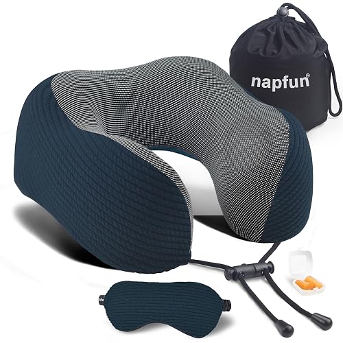 napfun Neck Pillow for Traveling, Upgraded Travel Neck Pillow for Airplane 100% Pure Memory Foam Travel Pillow for Flight Headrest Sleep, Portable Plane Accessories, Deep Blue Set, Medium (120-200LB) - 1 Count (Pack of 1) - Deep Blue (Luxury Sets, With Eye Mask&earplugs) - Image 1