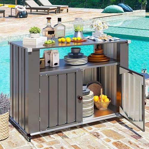 U-MAX Outdoor Bar Table with Storage Cabinet Weatherproof, Outdoor Kitchen Cabinet with Wheels, Grill Cabinets Carts with Storage, Counter Prep Table with Storage - Image 1