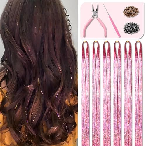 Pink Fairy Hair Tinsel Kit 48 Inches 1200 Strands with Tools and Instruction Easy to Install Glitter Tinsel Hair Extensions for Women and Girls,Shinny Sparkling Braiding Hair Accessories for Halloween Cosplay Party - Image 1