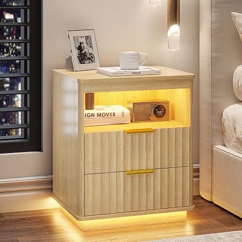 Dystler Nightstand with LED Light and Charging Station for Bedroom, Wood | 2 Drawers, Open storage space, Smart Bedside Table, Human Sensor, Modern - Image 1