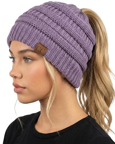 Funky Junque Ponytail Beanie for Women - Winter Ponyback Hat Soft Stretch Cable Knit High Pony Tail Womens Running Hats - Image 1