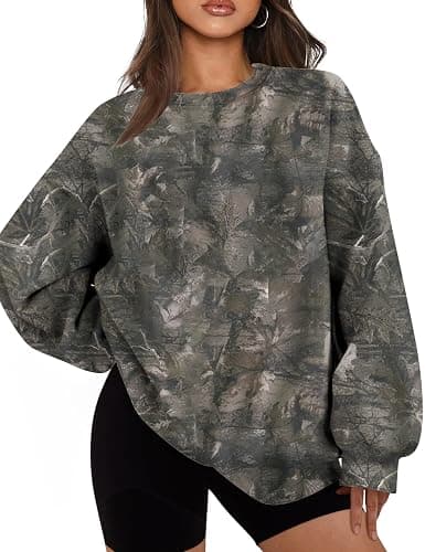 JEIBKOUY Womens Camo Sweatshirt Oversized Graphic Maple Leaf Print Crewneck Long Sleeve Y2k Trendy Fall Pullover Hoodies - Image 1
