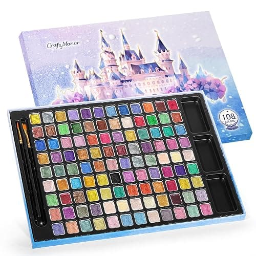 CraftyManor Mini Glitter Watercolor Paint Set with Paper, 108 Colors Shimmer Metallic Watercolour Painting Sets, Solid Pearl Water Color Paints for Adult, Kids, 1ml Trial Package(1ml 108 Colors) - Image 1