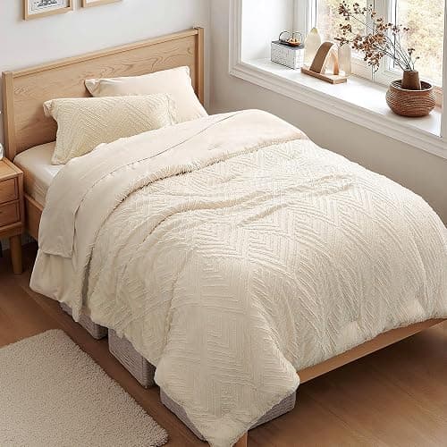 Zzlpp Twin Comforter Set 5 Pieces, Cream Tufted Bed in a Bag with Comforter and Pillowcase, All Season Boho Bedding Sets with 1 Comforter, 1 Pillow Sham, 1 Flat Sheet, 1 Fitted Sheet - Image 1