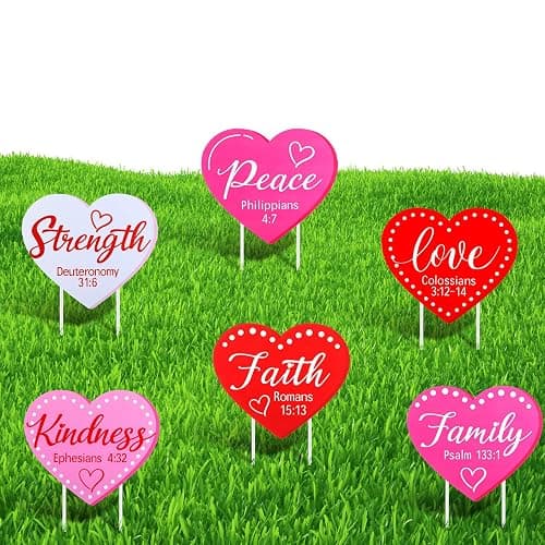 Memorywuu 6 Pcs Valentine's Day Yard Signs Religious Heart-shaped Bible Verse Yard Sign with Stakes Holiday Garden Decorations Outdoor for Valentine St. Patrick's Day Outdoor Party Pathway Yards Decor - Image 1