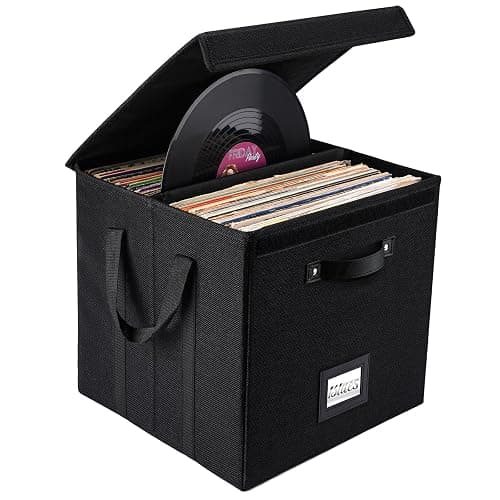 Homward Vinyl Record Storage Box - 13 Inch Linen Fabric Case for LP Album Storage, Stackable & Collapsible Organizer Crate Cube Bins with Lid for 120+ Singles - Image 1
