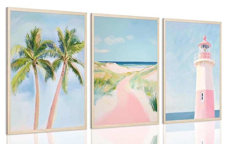 YVSRLX Set of 3 Pink Coastal Beach Wall Art Prints, 12x16 Inch Unframed Preppy Coastal Granddaughter Posters, Palm Tree Lighthouse Pictures for Teen Girls Bedroom Bathroom Dorm Decor - Image 1