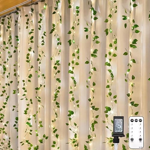 suddus 200 LED Vine with Light Plug in, 6.5ft x 6.5ft Pothos Fairy Curtain Lights with Remote, Leaf Fairy Lights for Wall,Bedroom, Dorm, Wedding, Party, Indoor Decor(Warm White) - Image 1