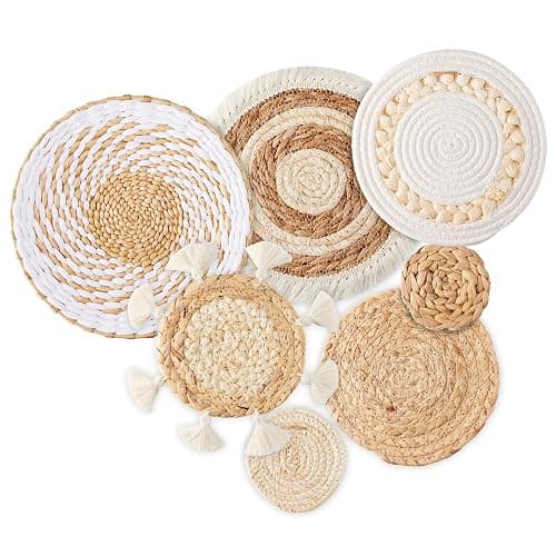 7 Pack Boho Wall Basket Decor - Seagrass Rattan Wicker Wall Decor Round Handmade Hanging Rustic Flat Elegant Wall Art for Farmhouse Living Rooms Bedrooms Display Table Settings Kitchen Home - Image 1