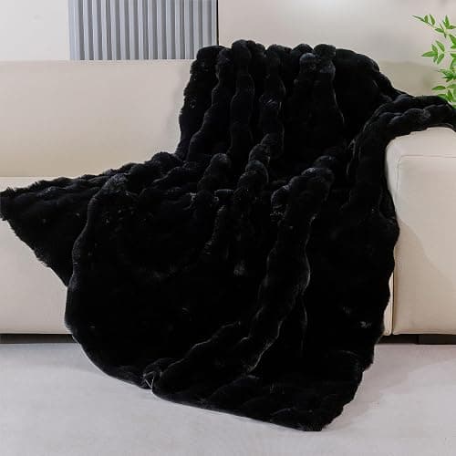 BlanketSolution Fluffy Furry Black Faux Fur Throw Blanket for Couch Bed 50x60 Fuzzy Bubble Soft Blanket for Adults Gift Home Living Room Decorative Decor 860 GSM - Image 1