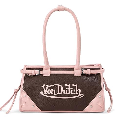 Von Dutch Lane Shoulder Bag | 12.75” Two-Tone Vegan Leather | Denim Handbag with Logo Detail, Long Handles & Branded Lining - Image 1