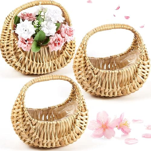 Taiyin 3 Pack Rattan Flower Girl Basket Small Half Moon Straw Wicker Basket with Handle Ideal for Wedding Flower Girl,Picnic,Garden Storage and Home Decor (Nature) - Image 1