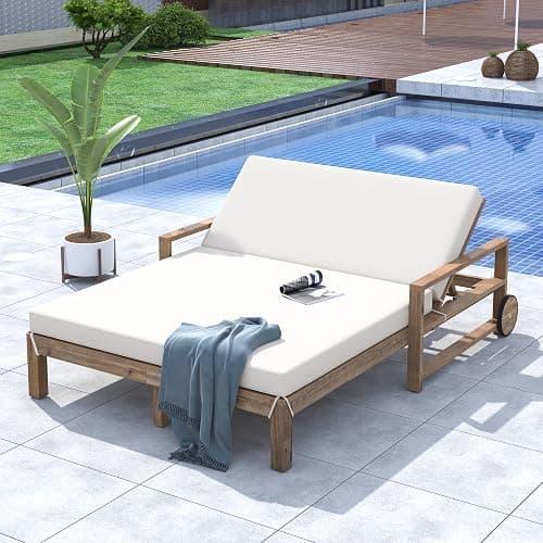 XD Designs Acacia Wood Outdoor Patio Daybed Sunbed with Movable Wheels, All Weather Chaise Lounges Reclining with Adjustable Backrest for 2 People (Beige-C2) - Beige-c2 - Image 1