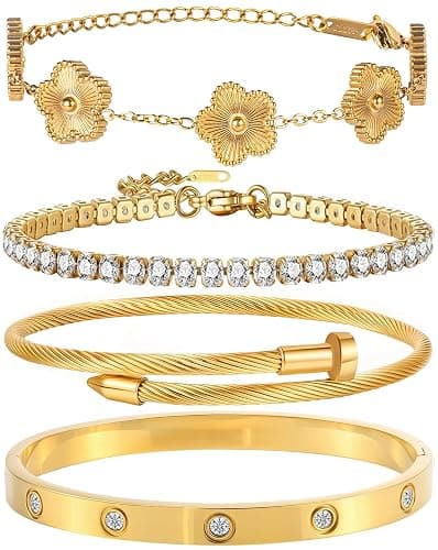 GIVCHO 18K Gold Plated Bangle Bracelet Set for Women Stackable Lucky Floral Adjustable Tennis Bracelet Non Tarnish Gift Jewelry for Christmas Valentines Birthday Mother's Day - Image 1