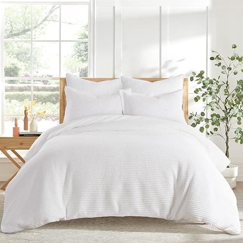 Levtex Home Cloud Waffle Full/Queen Comforter Set (90x94in) with 2 Pillow Shams (26x20in) - Solid Waffle Cotton Texture - Bright White - Cotton Full/Queen Size Comforter Set - Soft, Pre-Washed - Image 1