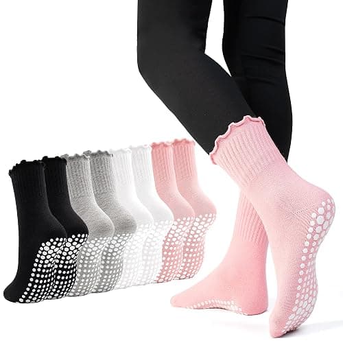 GRPSKCOS Pilates Socks with Grip 4 Pairs Non Slip Women Grip Socks for Yoga Barre Workout Home Hospital Size 5-8 - Image 1