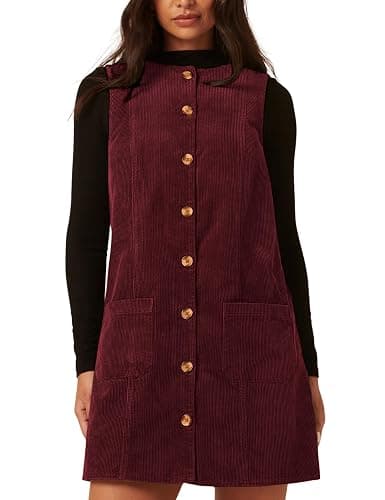 Athlisan Women's Corduroy Mini Dress A Line Pinafore Button Down Sleeveless Round Neck Overall Dress with Pockets - Image 1