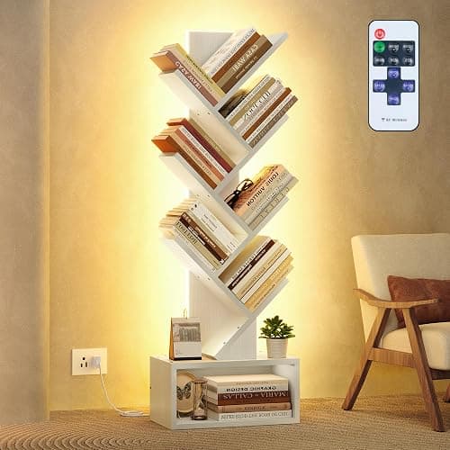 Hoctieon 6 Tier Tree Bookshelf, Tall Bookcase with Drawer, Freestanding Book Shelf with LED Lights, Display Floor Standing Storage Shelf, Book Organizer Shelves for Home Office, Living Room, White - 6 Tier - White - Image 1