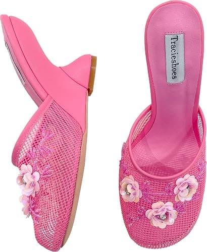 Tracieshoes Women's Mesh Mule Slip On Sandals With Floral Sequin Embellishments Round Toe Wedge Heel Slides Slippers 4 Inch - Image 1