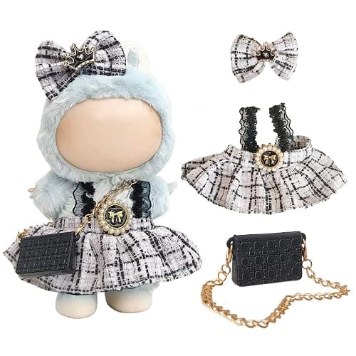 Clothes for Labubu – Lovely Doll Dress with Bow Headband & Mini Chain Bag, Fashion Accessories for Doll Outfit (Chic Black) - Image 1