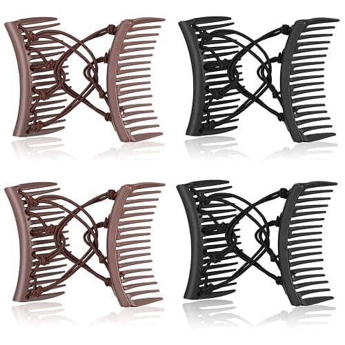 4 Pieces Adjustable Elastic No Crease Double Comb Hair Pins for Women's Curly Thick Wavy Hair Ponytail (Black, Coffee) - Image 1