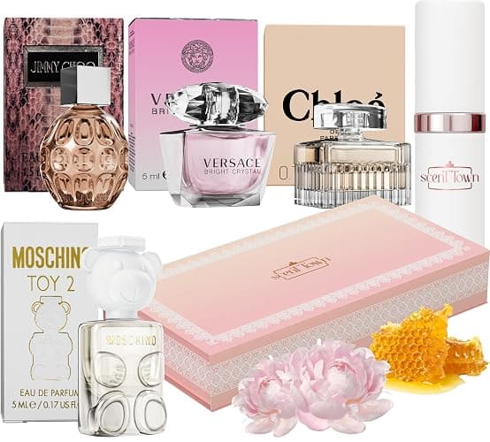 Scent Town Women's Perfume Gift Sets Bundle Mini Bottle – Designer Womens Perfume Sampler Sets with Refillable Atomizer – Bundle Includes Versace, Moschino, Chloe, Jimmy Choo Travel Size 0.15 Oz Each - Image 1