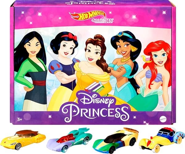 Hot Wheels Disney Princess Toy Cars 5-Pack, Set of 5 Character Vehicles in 1:64 Scale: Mulan, Snow White, Belle, Jasmine & Ariel - Image 1