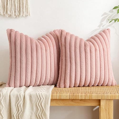 MIULEE Blush Pink Throw Pillow Covers 18x18 Inch Set of 2 Soft Pillowcase with Velvet Back Faux Rabbit Fur Cushion Covers Decorative Home Decor for Couch Sofa Bedroom Livingroom - Image 1