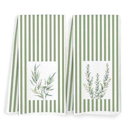FITIE Sage Green Eucalyptus Branch Kitchen Towels, Cottagecore Sage Leaf Dish Tea Towels for Kitchen Decor, Green and White Striped Botanical Decorative Hand Towel for Bathroom, 16x24 Inch Set of 2 - Image 1