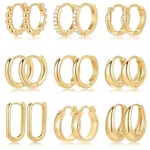 9 Pairs Small Gold/Silver Hoop Huggie Earrings Set for Women, 14K Gold Plated Chunky Hoop Small Earring Hypoallergenic Thick Open Lightweight Chunky Hoop Earrings Jewelry for Gifts - Image 1