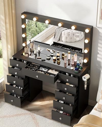 Otterease Black Makeup Vanity, 11 Drawers Vanity with Mirror and 12 LED Lights, Makeup Vanity Desk with 3 Lighting Modes Adjustable Brightness, Vanity with Glass Top for Bedroom - Image 1