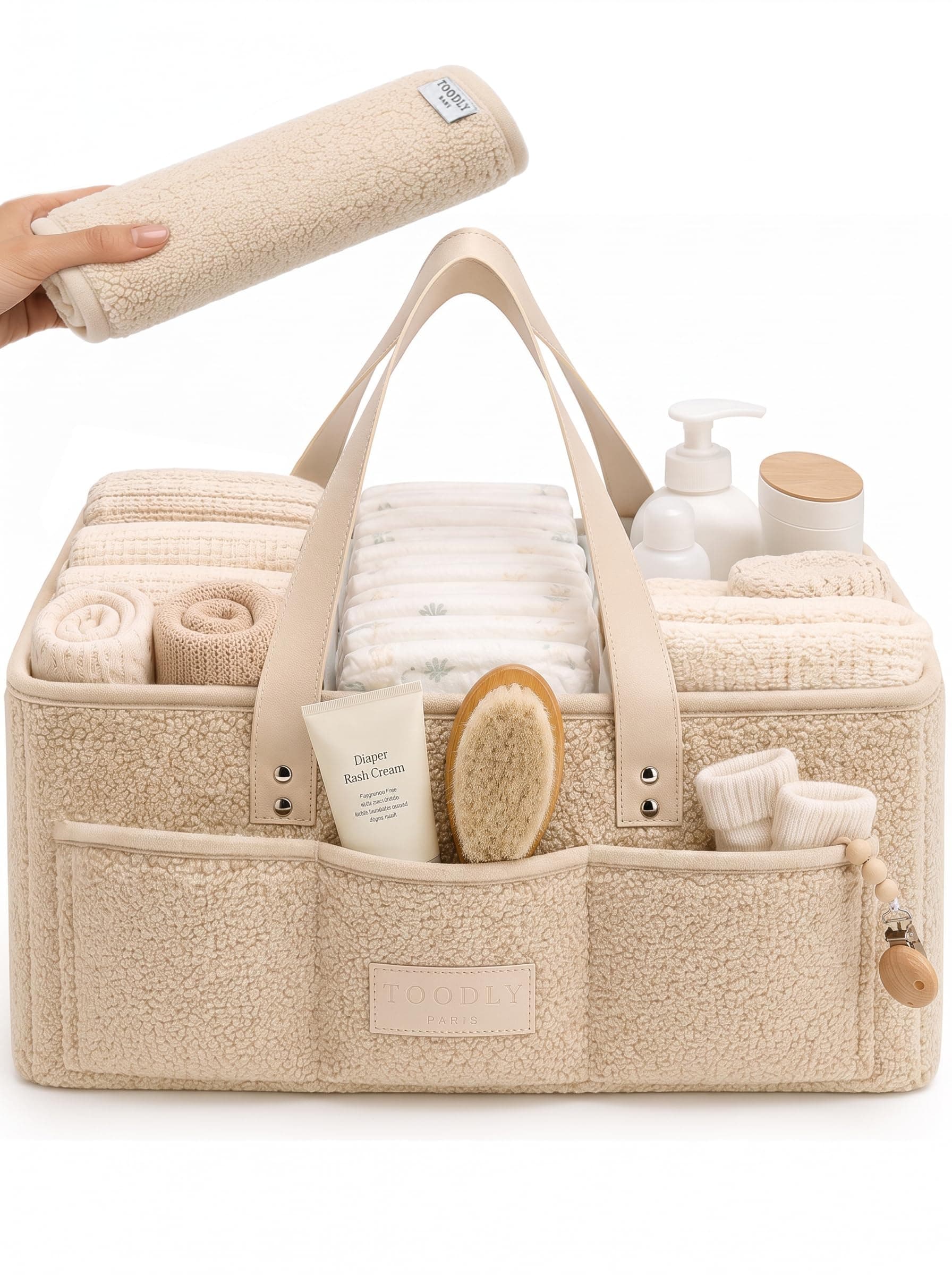 Baby Diaper Caddy Organizer with Portable Changing Mat - Teddy Fleece Diaper Organizer for Changing Table - Baby Basket for Diaper Changing Essentials - Baby Caddy Organizer with Removable Dividers - Image 1