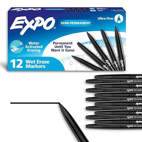 EXPO Wet Erase Markers, Semi-Permanent, Black, Ultra Fine Tip, 12 Count - For Writing on Glass, Whiteboards, Mirrors, Calendar, Labeling, Organizing - Image 1